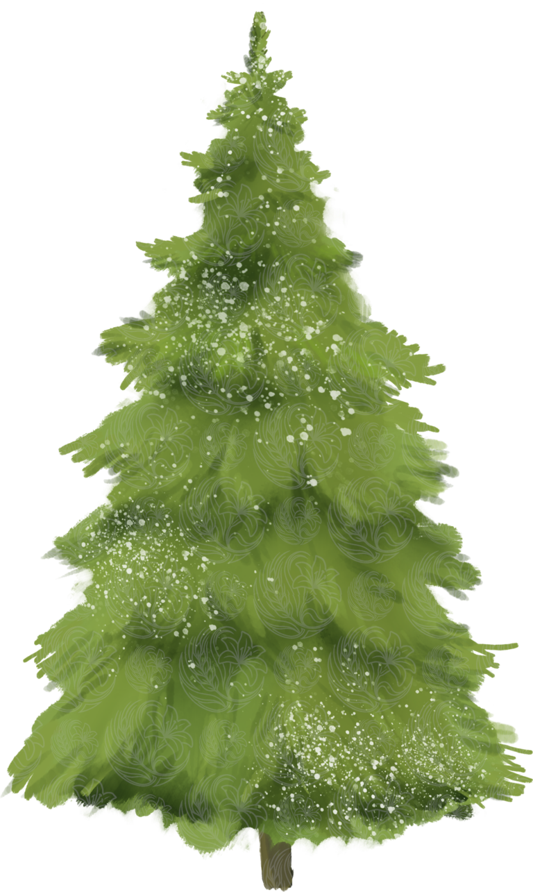 Christmas tree illustrated in soft watercolour with snow flecks, Grey Barn Handwerk, Saskatchewan.